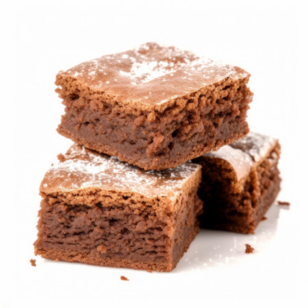 three squares of stale brownies, meticulously crafted with a dusting of powdered sugar, are showcased against a pristine white background. inspired by the artistic style of norman cornish, these brownies exude a solid and structured appearance. the expert utilization of ingredients results in a smooth and polished texture, creating a visual treat that transcends the ordinary. ai generatedの素材