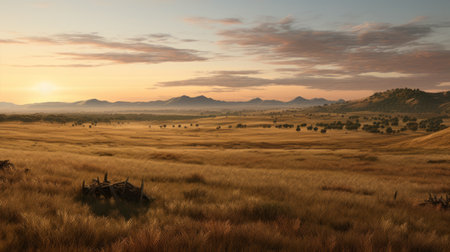 a stunning 2k landscape photo of red dead redemption 1, captured with the zeiss otus 85mm f/1.4 apo planar t lens. the australian and scottish landscapes are beautifully depicted in light orange and gold tones, creating serene pastoral scenes. the image showcases the breathtaking beauty of unprimed canvas, with a resolution of 3840x2160. ai generatedの素材