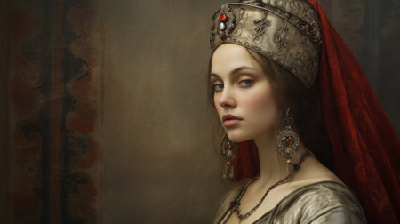 a stunning image capturing the allure of a lady adorned in red, gold, and diamonds. this photorealistic painting, inspired by historical genre scenes, showcases a captivating blend of gray and bronze tones. with influences from eastern orthodox icons and gothic references, this cultural mash-up creates a visually striking and detailed uhd image. ai generatedの素材