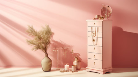 a pink wardrobe filled with items of various sizes, accompanied by a vase, showcases a photorealistic rendering with golden hues. the gemstone-inspired design exudes a monochromatic color scheme, while also incorporating cute and quirky elements. the use of earth tones creates a festive atmosphere. ai generatedの素材
