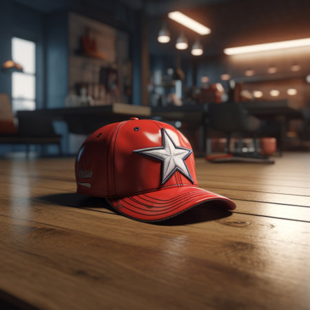 a red hat with a star standing up on it, showcasing hyper-realistic details and industrial machinery aesthetics. this photo captures the essence of studyplace, with its photo-realistic techniques and lively tavern scenes. the hat exudes a scoutcore vibe, making it a unique and eye-catching accessory. ai generatedの素材