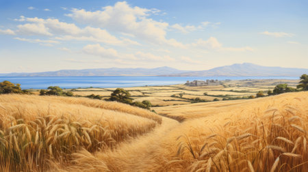 a painting by paul mattiacomou on youtube, featuring traditional british landscapes and minoan art influences. the artwork showcases realistic landscapes with soft edges, highlighting light gold and sky-blue tones. with a resolution of 3840x2160, this commissioned piece perfectly captures the essence of prairiecore aesthetics. ai generatedの素材