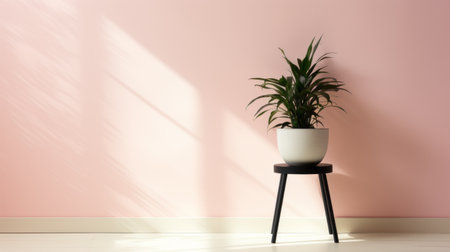 potted plant in a room, featuring an indoor pink shade. the plant is isolated on a white background and has a flat cropped composition. the image follows a tonalist color scheme, with light orange and light black hues. it is a high-resolution uhd image with bold chromaticity. the minimalist backgrounds enhance the restored and repurposed aesthetic, creating a muted colorscape mastery. ai generatedの素材