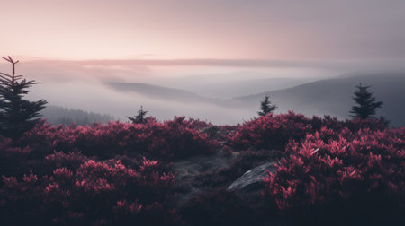 sunrise over the fog in the czech republic, captured with a voigtlander bessa r2m camera. this photo showcases a dark pink and silver color palette, reminiscent of delicate landscapes inspired by norwegian nature. the atmospheric and moody lighting adds to the ethereal beauty of the scene, creating a mesmerizing composition. ai generatedの素材