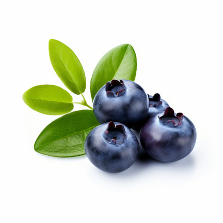 a bunch of blueberries and green leaves arranged in a dark blue and light blue color scheme. the smooth and polished fruits contrast against a white background, creating a blend of natural and man-made elements. this composition exudes a felinecore aesthetic while subtly infusing social commentary, giving it a unique goosepunk twist. ai generatedの素材