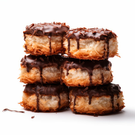 an empty stack of croissants with a chocolate drizzle, showcasing a monochromatic palette and a glossy finish. the spiky mounds of the croissants, created by george christakis, add a unique touch. the torn and distressed edges of the pastries contrast with the highly polished surfaces, resulting in a visually striking image. the high-keyed palette enhances the overall aesthetic. ai generatedの素材