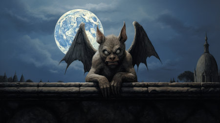 a dark gothic night sky sets the backdrop for this bat wallpaper, inspired by the style of todd schorr. the hyper-realistic animal illustrations feature a humorous caricature twist, reminiscent of referential paintings. the extreme angle adds a unique touch, drawing inspiration from artists like teun hocks and hinchel. ai generatedの素材