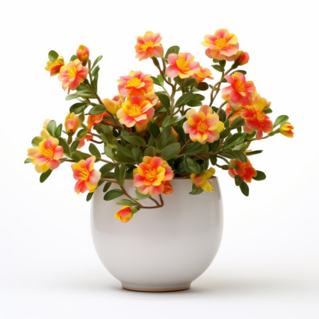 a vibrant 3d houseplant model with blooming flowers, perfect for digital projects such as 3d rendering, animation, and visual effects. this lifelike rendering showcases the beauty of the orange and gold color palette, reminiscent of porcelain art. created using the tokina opera 50mm f14 ff lens, it features pure colors and vibrant gradients, incorporating traditional japanese artistic techniques. ai generatedの素材