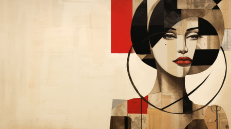 a fashion model painting featuring vibrant colors against a black background. inspired by the styles of patrick nagel, marc lagrange, and didier loureno, the artwork showcases a combination of red and beige hues. the textured illustrations create an illusory effect, reminiscent of wallpaper portraits. ai generatedの素材