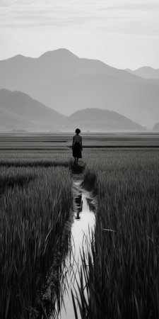 a person walking through a field with mountains in a panning black and white image, capturing the essence of traditional vietnamese landscapes. the photo showcases reflections and mirroring, evoking a sense of dark and foreboding coastal scenery. it beautifully portrays rural life scenes with a touch of mori kei aesthetic. ai generatedの素材