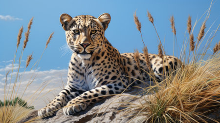 leopard peacefully resting on a weathered rock, captured in a realistic style reminiscent of marine paintings. the detailed character illustration showcases the leopard's majestic presence against a backdrop of realistic blue skies. this artwork combines precisionist techniques with elements of traditional african art, resulting in a hyper-detailed rendering that truly brings the scene to life. ai generatedの素材