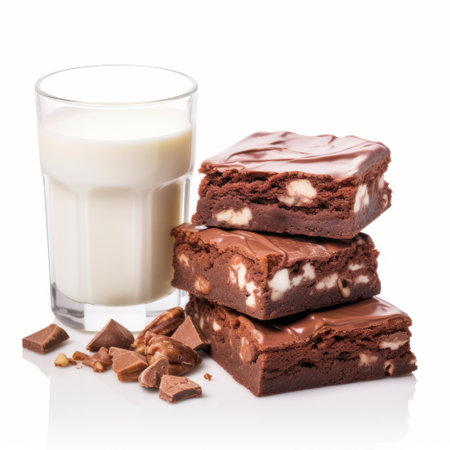 a cup of coffee, brownies, a cup of milk, and a glass are arranged in a paleocore-inspired composition. the photo features a candycore aesthetic with frequent use of diagonals and rectangular fields. jewish culture themes are incorporated into the image, which is captured in a hard-edge style. ai generatedの素材