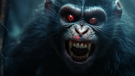 a creature with intense red eyes stands in front of a dark backdrop, captured in the style of daz3d. this national geographic-inspired photo showcases the animal's honeycore features and lively facial expressions. with elements of junglepunk and a satirical approach, this image is a unique blend of creativity and nature. ai generatedの素材