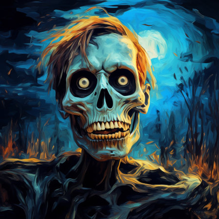 a macabre painting of elsa from frozen transformed into a zombie, inspired by vincent van gogh's style. this dark and creepy artwork captures the eerie essence of the character, merging the worlds of fantasy and horror. ai generatedの素材