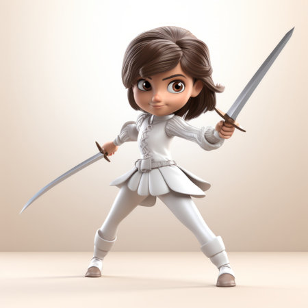 a 3d model character wearing a white dress and holding a sword, inspired by iconic pop culture caricatures. this character exudes child-like innocence and is influenced by mughal art and action-packed cartoons. with a strong facial expression, the monochromatic mastery and meticulous technique used in creating this model are evident. ai generatedの素材