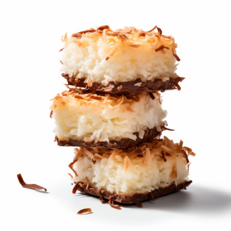 a stack of coconut cookie bars, inspired by the artistic styles of mike campau and dmitry spiros, is showcased on a clean white background. the image captures naturalistic light and shadow, highlighting the crumpled texture of the bars. the arrangement appears repetitive, while the delicate nature of the cookies adds to their visual appeal. ai generatedの素材