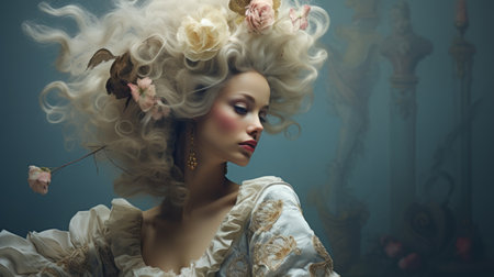 a stunning beauty portrait in the style of rococo decadence, captured in high definition. this surreal fashion photography showcases nostalgic romanticism with a touch of salon kei influence. the beige and azure color palette adds to the dreamy atmosphere of this digitally enhanced image, reminiscent of 18th-century aesthetics. ai generatedの素材