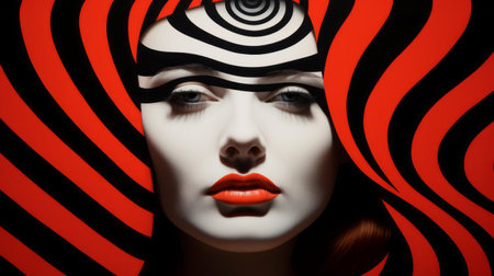 a woman is seen in a striking pose, with one eye covered, against a vibrant and colorful background. the photo showcases op-art influenced elements, with fluid lines and curves. it exudes a sense of bold fashion photography and features a monochrome portrait with a redshift effect. ai generatedの素材