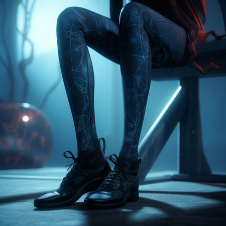 the halloween boots in this photo are rendered in the style of cyberpunk manga using unreal engine. the boots have a horror theme, with a focus on joints and connections. the color scheme is a combination of light blue and crimson, creating a monochromatic contemplation. the full-body shot showcases the boots as a piece of net art. ai generatedの素材