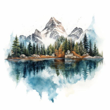a highly realistic watercolor landscape by noah bradley, featuring a tree, lake, mountains, and creek. the teal and amber color palette adds a unique touch to this adventure-themed artwork. the reflections and mirroring in the image create a sense of depth and tranquility. this uhd image showcases the artist's talent in environmental portraiture. ai generatedの素材