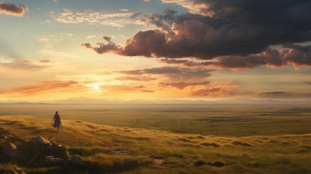 sunset over the lake landscape in the style of post-apocalyptic backdrops, showcasing the rugged terrain of northern china. this uhd image captures the essence of poetic pastoral scenes, reminiscent of a national geographic photo. with elements of prairiecore, the image is beautifully rendered in cinema4d, creating a captivating visual experience. ai generatedの素材