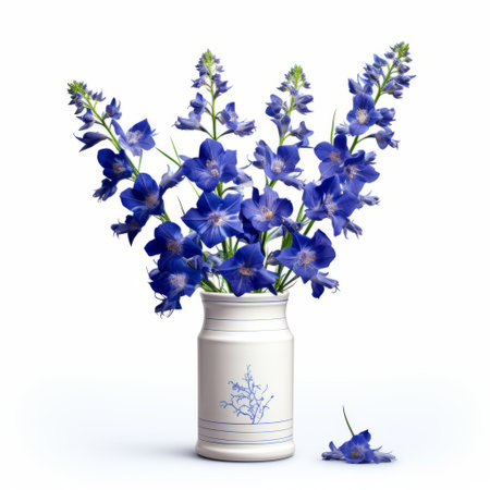 blue flowers in a vase on a white background. this stock vector 3d photo (4743994) showcases the beauty of the flowers in a realistic and hyper-detailed rendering. the colorized composition, inspired by kintsugi, features glazed earthenware. the monochromatic elements create a photo-realistic and visually stunning image. ai generatedの素材