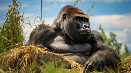 a gorilla, rendered in maya, sits in the grass with the sun shining on it. this close-up photo, in the style of daz3d, captures the majestic presence of the gorilla. the talented photographers aleksi briclot, emek golan, and national geographic have contributed to the creation of this stunning image, which showcases the beauty of the gorilla in the angura kei style. ai generatedの素材