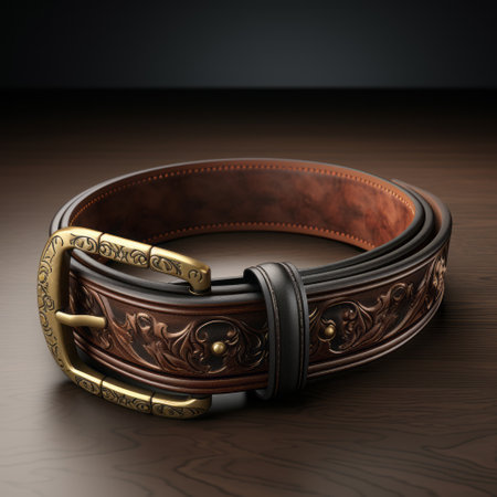 a belt featuring an engraved pattern on a leather base, showcasing a realistic rendering with dark, foreboding colors and realistic lighting. this creative commons attribution belt is designed in a precisionist style, combining realistic yet stylized elements in dark gold and brown tones. ai generatedの素材