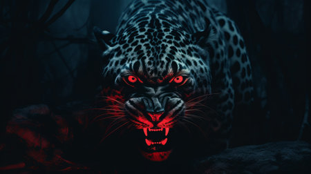 a dark and captivating hd wallpaper featuring a stunning jaguar. this wallpaper, in shades of dark gray and crimson, showcases the unique style of photographer brandon woelfel. with elements of horror surrealism and a strong facial expression, this tattoo-inspired image was captured using a nikon d750 and digitally enhanced for a mesmerizing effect. ai generatedの素材