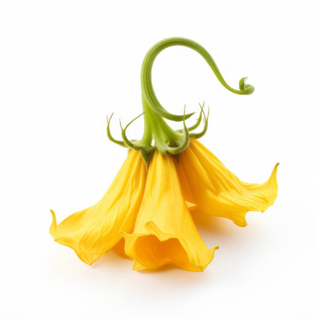 yellow and white flowers with two stems on a white background, in the style of humorous imagery. the flowers are crumpled and have a dynamic pose, with vignetting adding a touch of drama. the flowing draperies enhance the overall composition, creating a visually striking image. this national geographic photo captures a hyperbolic expression, making it truly captivating. ai generatedの素材