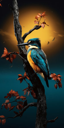 a kingfisher, with vibrant yellow and black feathers, gracefully perches on a tree branch. the illustrative storytelling style captures the bird's beauty and the medievalist aesthetic adds a touch of nostalgia. the image, shot on ferrania p30 film, exudes a vintage feel, making it perfect for award-winning illustrated advertisements. ai generatedの素材