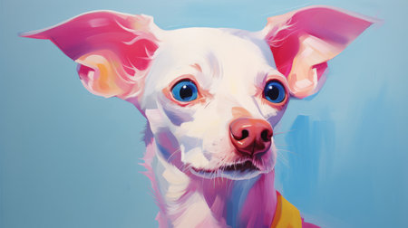 chihuahua puppy painting by alex forbs fb, featuring bold chromaticity in sky-blue and pink. the emphasis is on character design, with a 32k uhd resolution. the light white and crimson colors create bold and colorful portraits in this digital illustration. ai generatedの素材