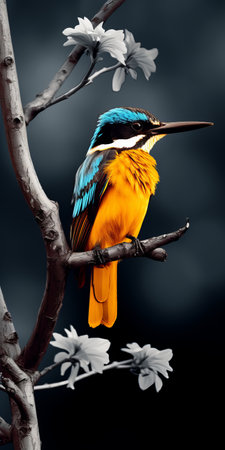 a stunning photograph captures a majestic kingfisher gracefully perched on a tree branch. the image showcases a vibrant yellow and black color scheme, creating a visually striking composition. with an illustrative storytelling style and a touch of poetcore, this award-winning quality photo is perfect for captivating illustrated advertisements. the medievalist aesthetic and vintage feel achieved through the use of ferrania p30 film add a uniqueの素材