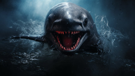 a killer whale, rendered in cinema4d, is captured in a striking image. with its mouth wide open, the dark gray whale exudes a strong facial expression. this realistic rendering, reminiscent of horror academia, showcases the artistry of matthias haker. the darksynth vibes add an eerie touch to this captivating underwater scene. ai generatedの素材