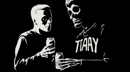 skeletons drinking beer in a moody neo-noir setting. this flat illustration captures the essence of silkscreening, soviet social realism, tachist art, and the rawness of punk culture. the use of kodak t-max film adds a vintage touch to this unique and captivating image. ai generatedの素材