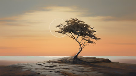 a minimalist dusk-inspired oil painting featuring a lone tree as the off-center focal point. the artwork incorporates collage techniques and elements of photography to enhance texture and depth. ai generatedの素材