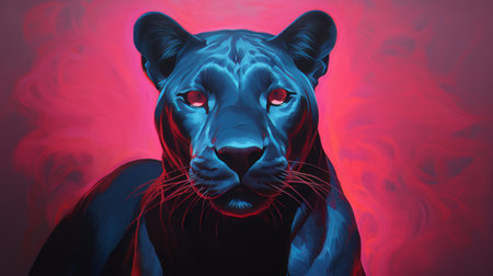 a painting of a leopard on an orange background, featuring dark magenta and light blue hues. this sci-fi realism artwork showcases luminous portraits with a touch of light black and azure. the ominous neo-pop iconography evokes emotional sensitivity. ai generatedの素材