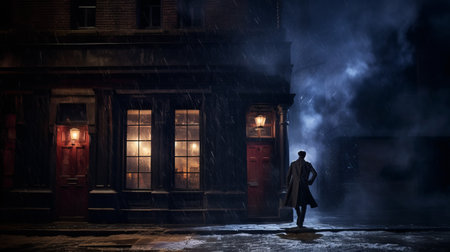 an adult mannequin wearing an opulent coat stands in a dark street under the stars. the scene is reminiscent of animated film pioneer's photorealistic renderings and lively tavern scenes. rendered in unreal engine, it captures the essence of the school of london with its mysterious backdrops and digitally enhanced elements. ai generatedの素材