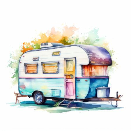 a carolina camper vintage camp trailer is depicted in this watercolor illustration. the artwork showcases a colorful fantasy realism style with charming character illustrations. the background is white, and the trailer is painted in dark aquamarine and light amber hues. this high-definition image is created in a vector format. ai generatedの素材