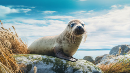a seal perched on a rocky surface by the water, captured in an isolated image. the realistic blue skies and detailed facial features are enhanced by the use of unreal engine 5. the photograph, taken at iso 200, showcases swirling vortexes in a grid-based composition, with a strong emphasis on the seal's captivating facial expression. ai generatedの素材