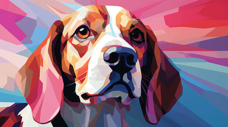 a beagle pet portrait captured in a vibrant and dynamic style, reminiscent of gino severini and aleksandr deyneka's precisionist art. this digital artwork showcases bold lines, vibrant color gradients, and a strong facial expression, creating a captivating and adorable depiction of a cute puppy. ai generatedの素材