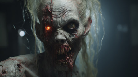 a zombie face, inspired by the style of unreal engine 5 and hans zatzka, stares directly at the camera. the image showcases dynamic action sequences and blink-and-you-miss-it detail. the realistic depiction of light creates a captivating atmosphere, with shades of light navy and crimson. this artwork draws inspiration from the works of jessie arms botke. ai generatedの素材