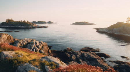 sunrise illuminating rocky terrain and cliffs adorned with shrubs, reminiscent of the captivating norwegian nature. the scene, created using physically based rendering in unreal engine 5, showcases charming and idyllic rural views. the color palette of teal and crimson adds a touch of vibrancy to this picturesque landscape captured with a nikon fm2. ai generatedの素材