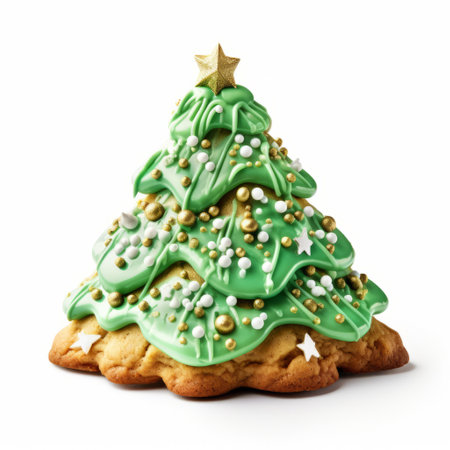 a high-resolution photo of a christmas tree cookie, baked in the style of john wilhelm. the cookie is beautifully decorated with light green icing and has a whimsical unicorncore design. this creative commons attribution image captures the festive spirit of the holiday season. irving penn's influence can be seen in the composition and attention to detail. perfect for any holiday-themed project or baking inspiration. aiの素材