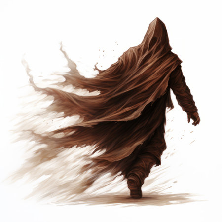 a dark man walks away from a force in this captivating wallpaper by the master calligrapher art. the artwork, inspired by the style of jeremy geddes, features flowing draperies in white and brown. created with simplistic vector art and loose brushstrokes, the image showcases the talent of marc simonetti. the man appears slumped and draped, adding an intriguing element to the composition. ai generatedの素材