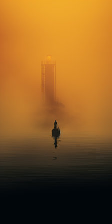 a photograph titled "fishing at dawn" by stefano azquilan on 500px. this image captures the serene beauty of a misty gothic scene with dark yellow and light orange tones. the smokey background adds depth to the composition. this uhd image is reminiscent of the works of emiliano ponzi and ivan fedorovich choultse. associated press photo. ai generatedの素材