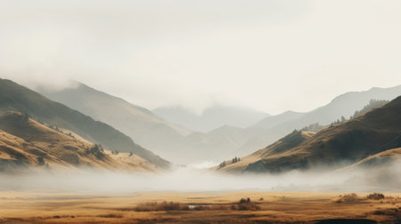 aerial view of a foggy morning in a valley, showcasing organic forms and muted tones. the image captures the essence of maori art with its light gray and amber hues. the shallow depth of field adds a whistlerian touch, creating a charming and idyllic rural scene. the photo exudes a sense of zen minimalism. ai generatedの素材