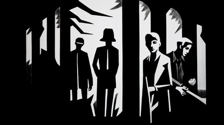 paper cut art illustrations of people in the forest, showcasing a film noir aesthetic and neo-constructivism style. these digitally enhanced artworks feature a light black and white color scheme, with realist details and elongated figures. created by the talented artist peter mitchev, these captivating illustrations bring a unique and mesmerizing touch to the world of paper cut art. ai generatedの素材
