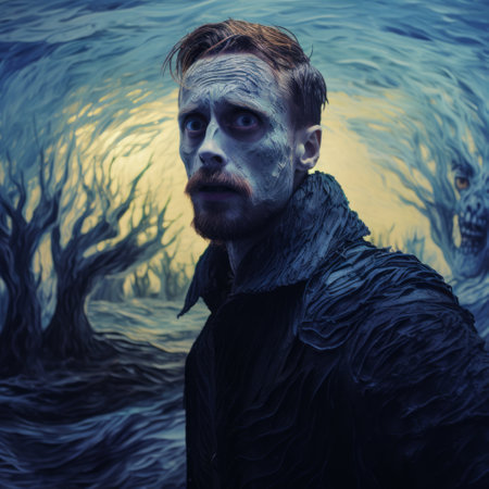 a man dressed in black with a mask on his face stands in front of surrealistic fantasy landscape, surrounded by trees. the image combines elements of marine painting, zombiecore, and escher-inspired art. the contrasting lights and darks create a hyper-realistic effect, especially in the depiction of water, reminiscent of rubens' style. ai generatedの素材