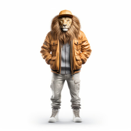 a silhouette of a lion wearing a khaki jacket, standing alone on a white background. this image is rendered in the style of unreal engine, with influences from hip hop aesthetics, artists such as caras ionut, jeff koons, and bill gekas, as well as the konica big mini camera's lifelike representation. ai generatedの素材